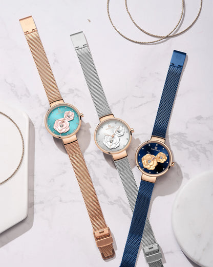Reloj para mujer NAVIFORCE, marca de lujo superior, malla de acero, resistente al agua, relojes para mujer, reloj de pulsera femenino de cuarzo con flores, reloj encantador para chica.