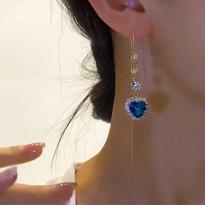 Blue Heart Shaped Zircon Long Tassel Gold Color Ear Wire for Women Elegant Exquisite Temperament Ladies Wedding Party Jewelry