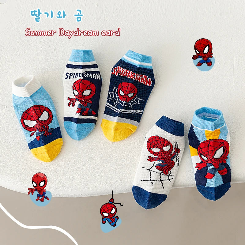 5 Pairs Children Socks Spider-Man Kids Boys Short Socks Iron Man Captain America Cartoon Baby Summer Spring Mesh Socks 1-12Y
