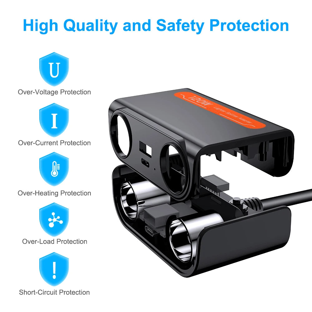 7 in 1 USB Type C Socket 120W Car Cigarette Lighter Splitter 12V 24V Fast Charger Phone Power Adapter for Car DVR GPS Dashcam