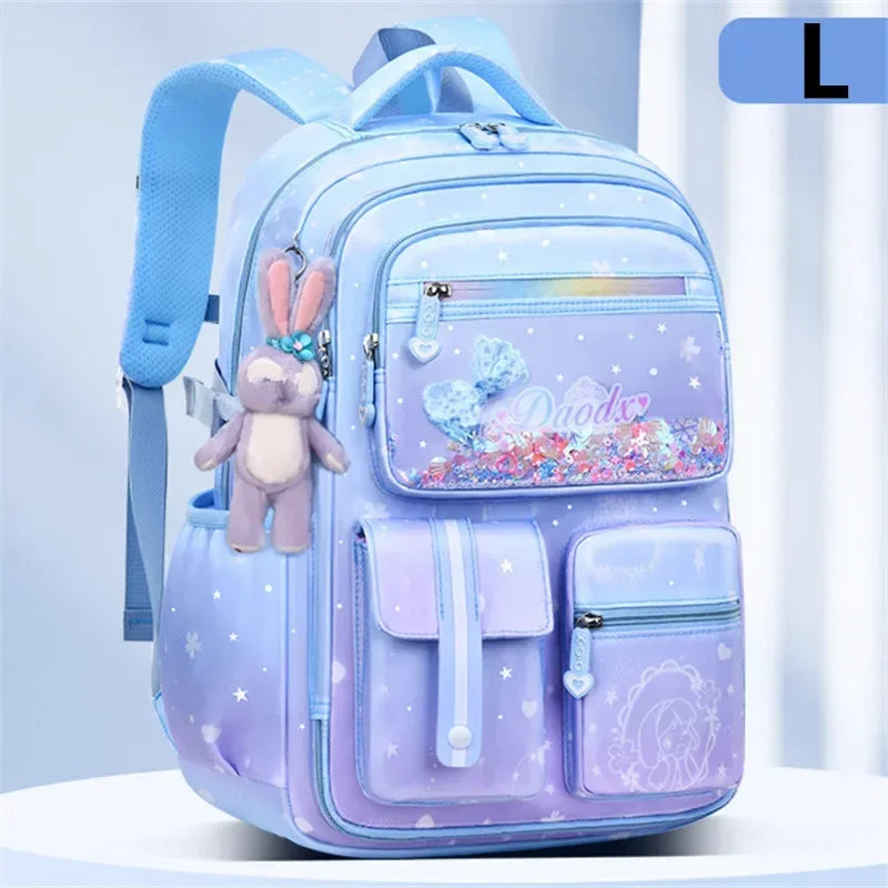 Primary Bow Knot Schoolbag With Rabbit Pendant For Girls Orthopaedics Kids Backpack Kawaii Waterproof School bag