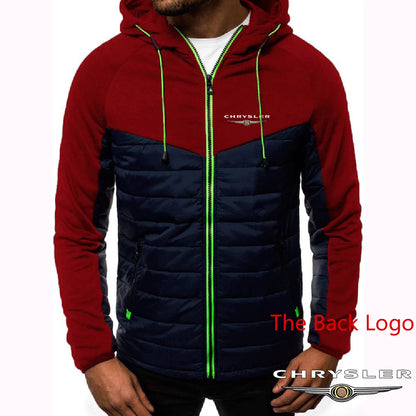 CHRYSLER 2022 Men's New Winter Hooded Cotton Jacket Casual Slim Fit Patchwork Zipper Coat Long Sleeves Warm Oversized Coat Tops