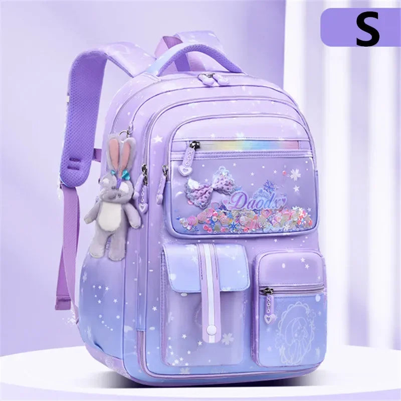 Primary Bow Knot Schoolbag With Rabbit Pendant For Girls Orthopaedics Kids Backpack Kawaii Waterproof School bag
