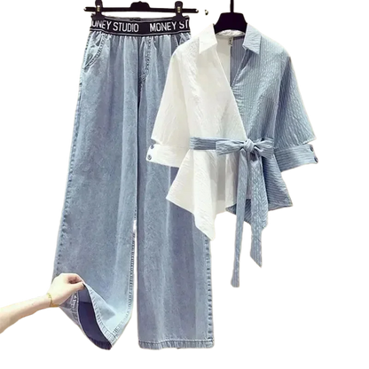 2026 Spring Summer New Korean Elegant Splicing Short Sleeved Shirt+Jeans Two Piece Suit Women Chic Top Denim Pants Matching Set