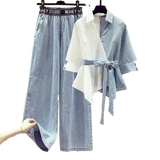 2026 Spring Summer New Korean Elegant Splicing Short Sleeved Shirt+Jeans Two Piece Suit Women Chic Top Denim Pants Matching Set