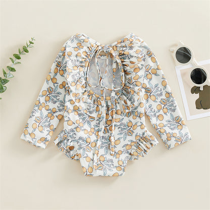 Traje de baño de verano para niñas pequeñas, estampado floral, sin espalda, con volantes, manga larga, ropa de playa para niñas de 0 a 4 años