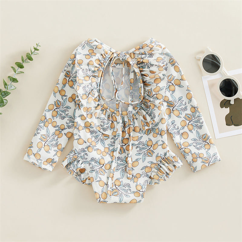 Kids Baby Girl Summer Swimwear Floral Print Backless Ruffles Long Sleeve Bodysuit Bathing Suit Girls Beachwear 0-4 Years