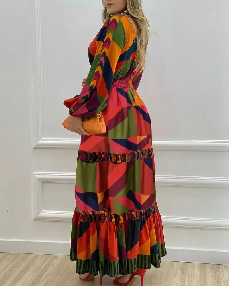 Vestido de estilo urbano para mujer, novedad de verano 2024, informal, con escote en V, estampado geométrico, mangas farol, falda larga con botones