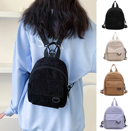 Women's Mini Backpack Fashion Solid Color Corduroy Small Simple Casual Traveling Large Capacity Durable Female's Schoolbag