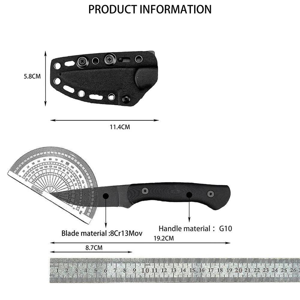 Outdoor Camping Jungle Adventure EDC Multifunctional Fixed Blade Knife, Wild Hunting Exploration 8Cr13Mov Blade G10 Handle Tool