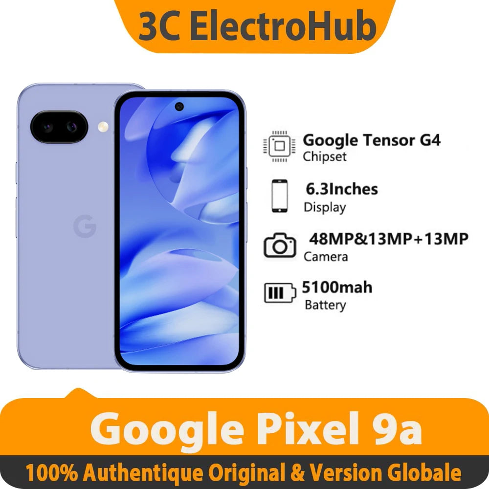 New Google Pixel 9a, 6.3 inches, 1080x2424, POLED, 120Hz, 5100mAh. Google Tensor G4 Titan M2, 8GB RAM, 128GB smartphone.