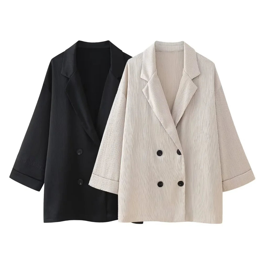 Conjunto de chaqueta y pantalón de traje cruzado con efecto arrugado para mujer, primavera y verano 2024, estilo europeo y americano