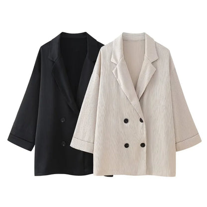 Conjunto de chaqueta y pantalón de traje cruzado con efecto arrugado para mujer, primavera y verano 2024, estilo europeo y americano