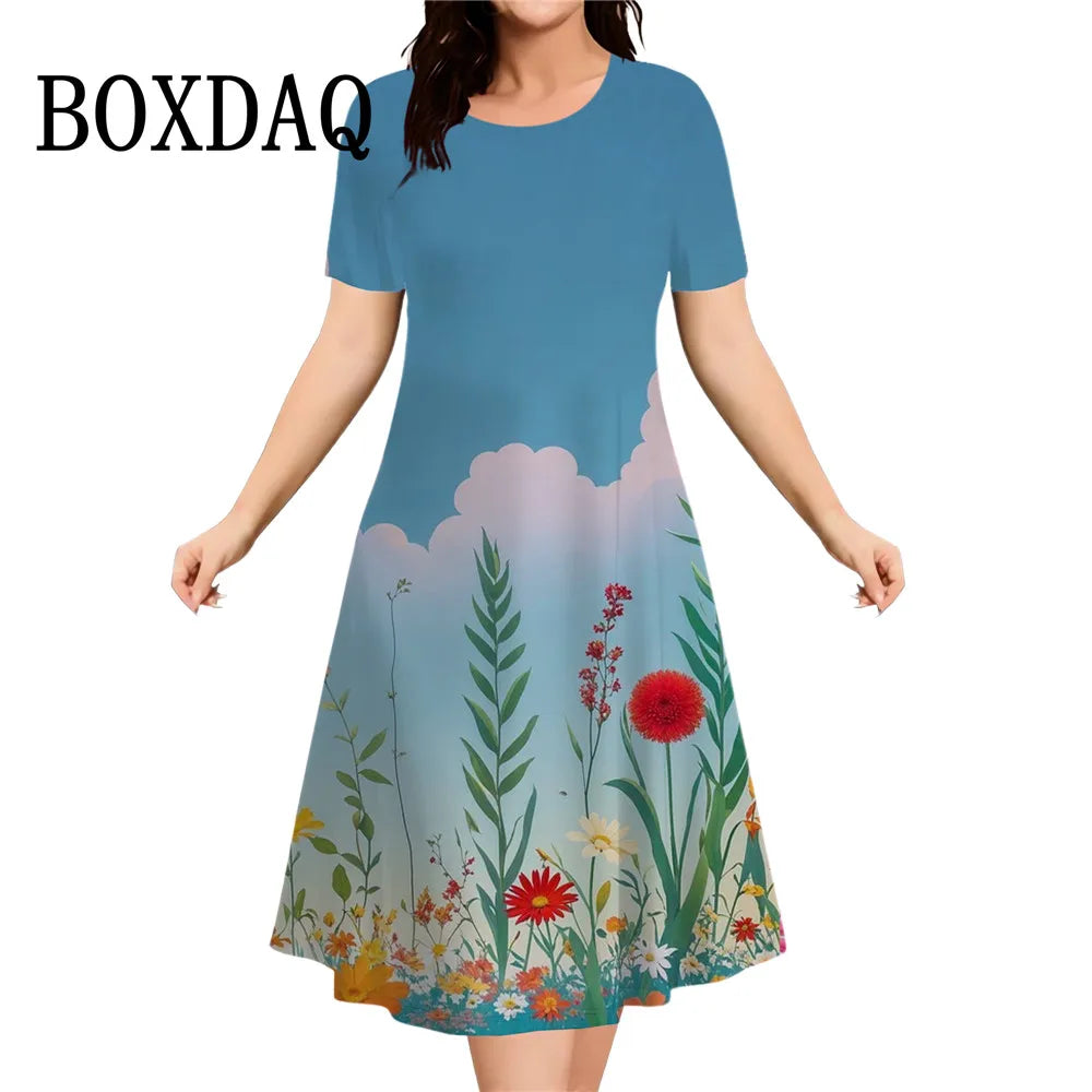 Fashion Elegant Women‘S Dresses Butterfly Flowers Print Dress Casual O-Neck Loose Plus Size Vacation A-Line Clothes 2026 Summer