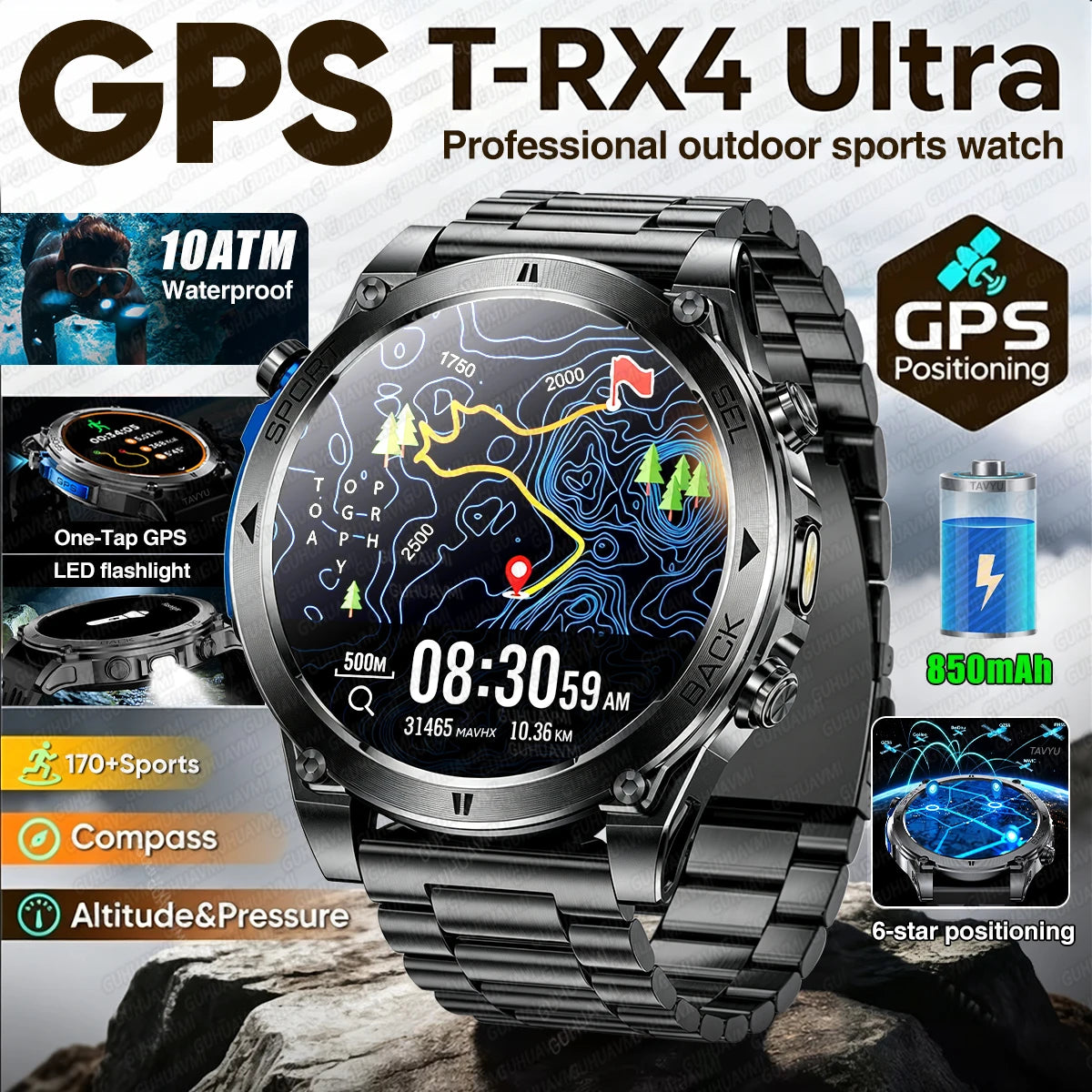 Novo Smartwatch Masculino T-RX4 Ultra GPS 2026 – Posicionamento GPS de 6 satélites, resistência à água 10ATM, bateria de 850mAh, bússola e mais de 170 modos esportivos.