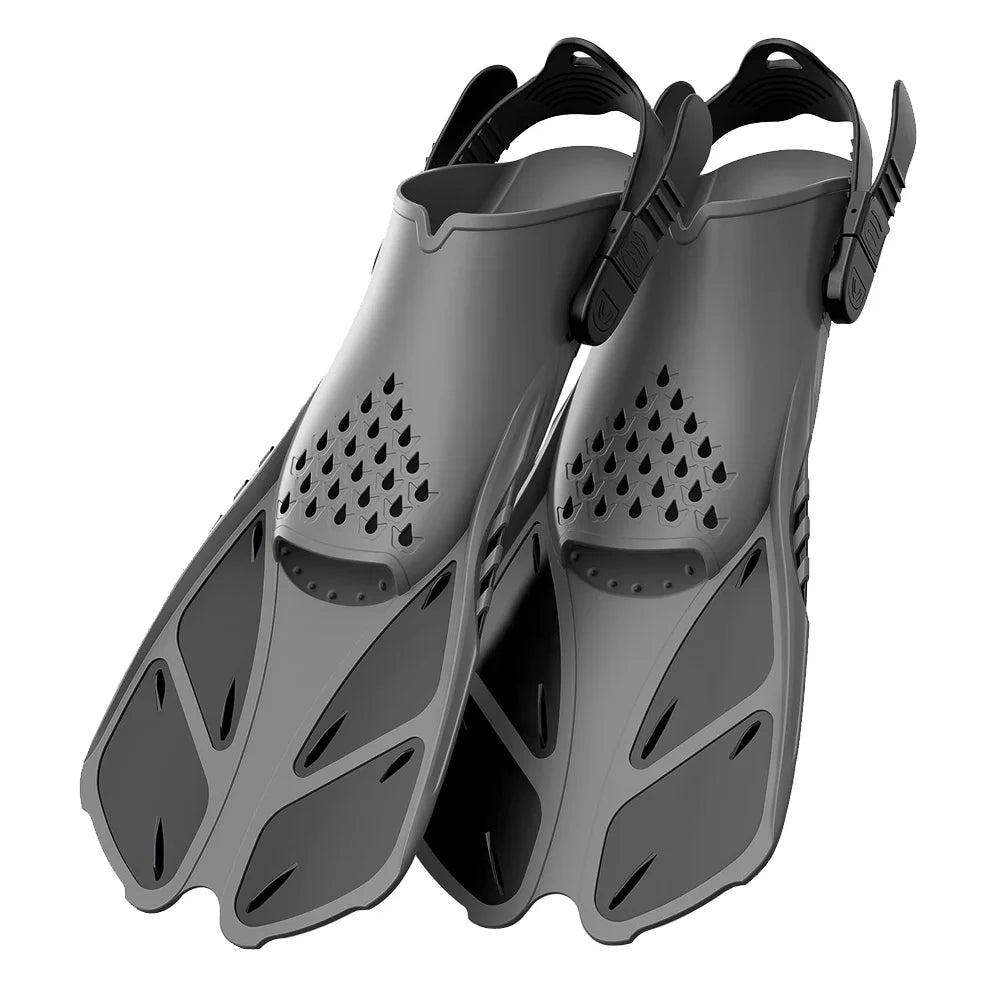 Aletas de snorkel con hebillas ajustables, aletas de natación cortas de silicona, zapatos de buceo con tacón abierto, talla de viaje, para adultos, hombres y mujeres