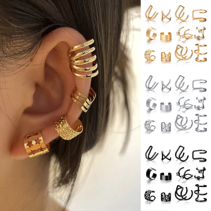 Silver Color Leaves Clip Earrings for Women Men Creative Simple C Ear Cuff Non-Piercing Ear Ear Clip Set Trend Jewelry Gift
