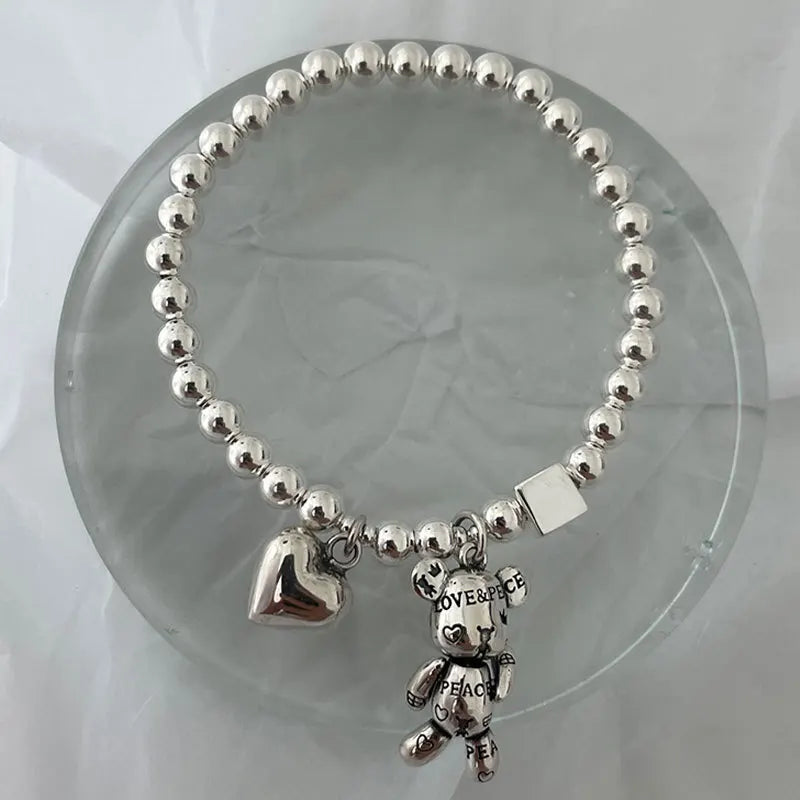 New Stainless Steel Bracelets for Women Fashion Beaded Accessories Simple Heart Bear Pendant Bracelet Trend Party Jewelry