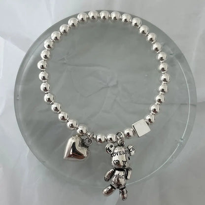 New Stainless Steel Bracelets for Women Fashion Beaded Accessories Simple Heart Bear Pendant Bracelet Trend Party Jewelry