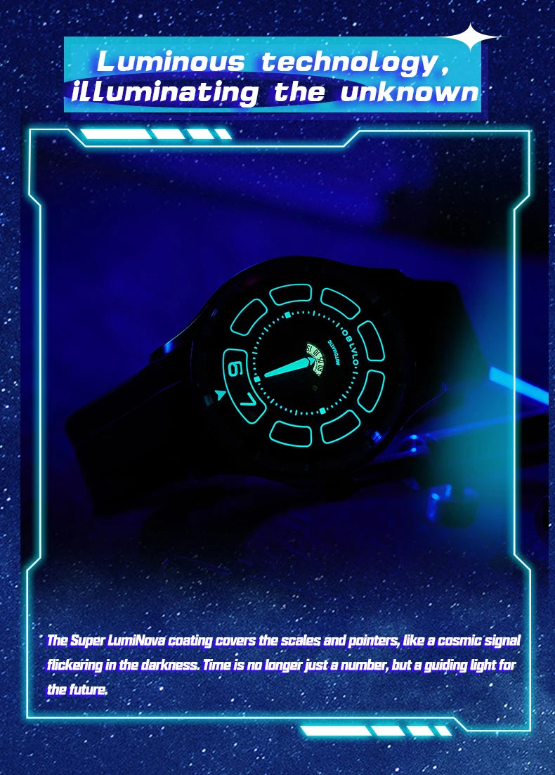 OBLVLO BLM-UFO Unique UFO-Shaped Automatic Watch with Luminous Silicone Strap And Steel Bracelet Waterproof Mechanical Timepiece