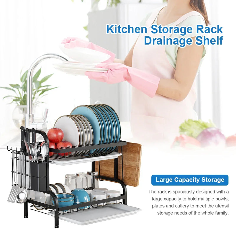 2-Tier Dish Drying Rack Adjustable Kitchen Plates Organizer with Drainboard Over Sink Countertop Cutlery Storage Holder