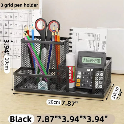 Mesh Desk Organizer Office Supplies Caddy with Pencil Holder and Storage Baskets for Desktop Accessories, 3 Compartments, Black