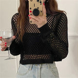 Hollow Out Knitted Pullovers for Women Round Neck Solid Casual Top Y2K 