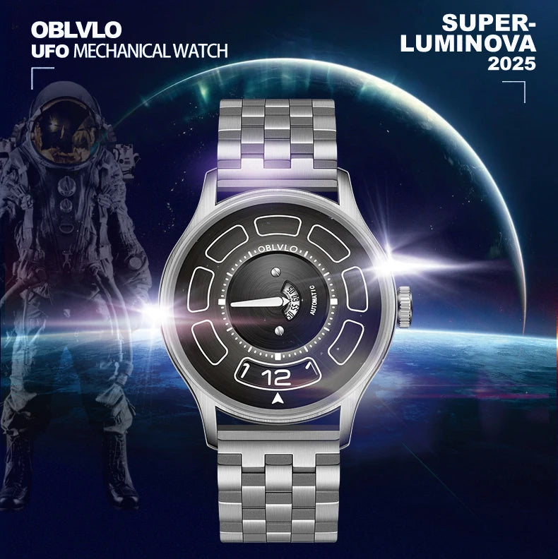 OBLVLO BLM-UFO Unique UFO-Shaped Automatic Watch with Luminous Silicone Strap And Steel Bracelet Waterproof Mechanical Timepiece