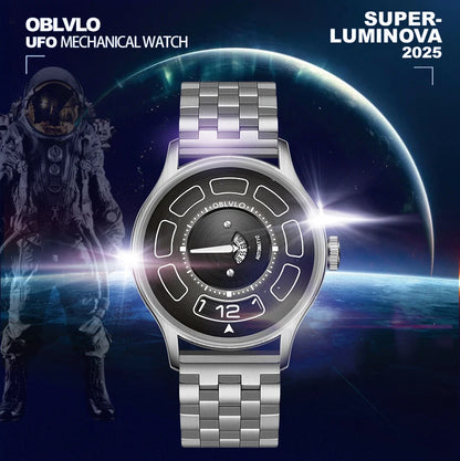 OBLVLO BLM-UFO Unique UFO-Shaped Automatic Watch with Luminous Silicone Strap And Steel Bracelet Waterproof Mechanical Timepiece