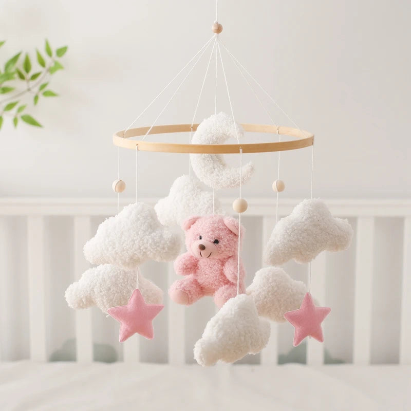 Baby Crib Mobile Rattle Toy Wooden Bed Bell Mobile Hanging Teddy Velvet Bear Doll Toy Newborn Music Box Crib Mobile Bracket Gift