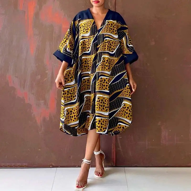 Plus Size 5XL Women Dress 2024 VONDA Summer V Neck Party Sundress Sexy Half Sleeve Bohemian Printed Dress Vestidos Loose Robe