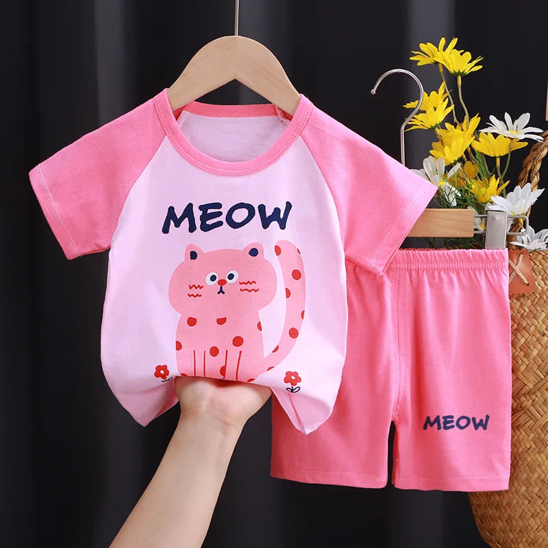 New Boys Summer Clothing Set Full Bear Print Cotton Short Sleeve T-shirts and Shorts 2PCS Breathable Outfit For Girls