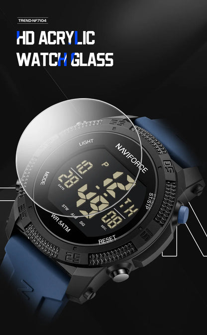 NAVIFORCE - Reloj de pulsera digital LCD para hombre, deportivo, resistente al agua hasta 50 m, con correa de silicona, informal, electrónico