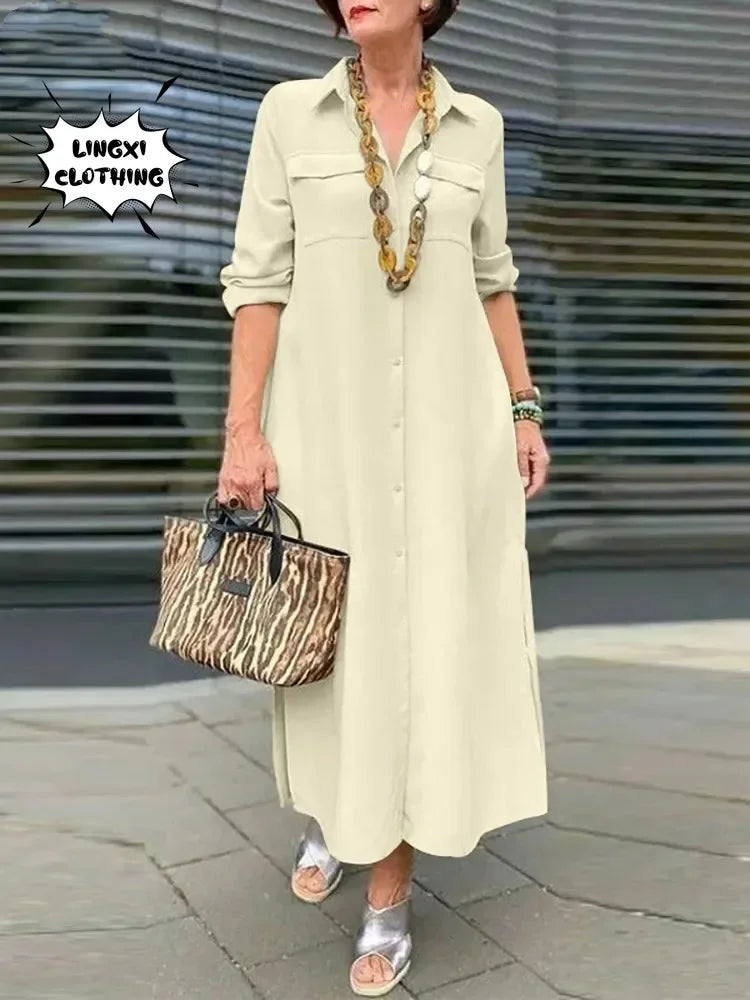 2024 primavera/verão moda feminina novo elegante plus size manga comprida botão elegante vestido de algodão linho único breasted robe