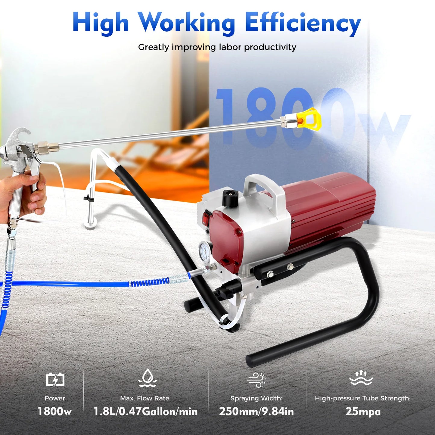 Kit de pistola pulverizadora elétrica 1800W 220V Máquina pulverizadora de tinta mal ventilada Pressão de pulverização ajustável com tubo para parede e teto