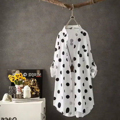 Camisa elegante de manga larga con lunares y talla grande, diseño clásico con botones al frente, ropa informal cómoda y elegante para mujer, nuevo estilo