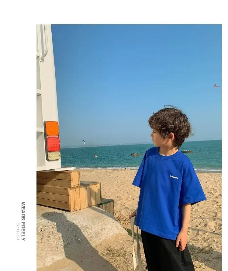 Camiseta de manga corta de verano para niños, Top de cuello redondo para niños pequeños y medianos, moda informal versátil de media manga