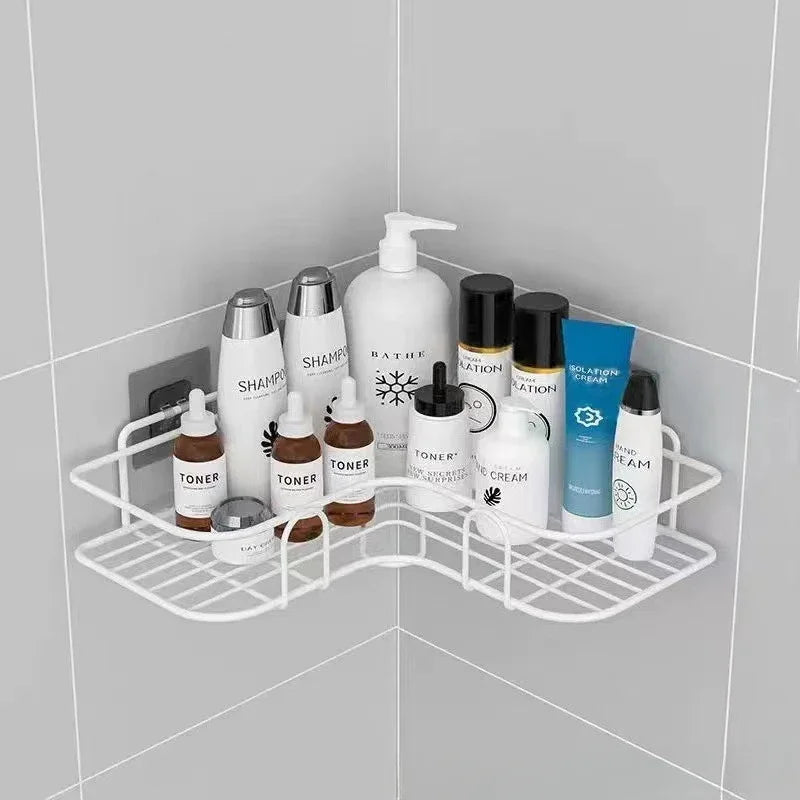 Estante organizador de baño de esquina, estantes de almacenamiento de esquina montados en la pared, soporte para champú, estante para cosméticos, cesta de drenaje de ducha de hierro