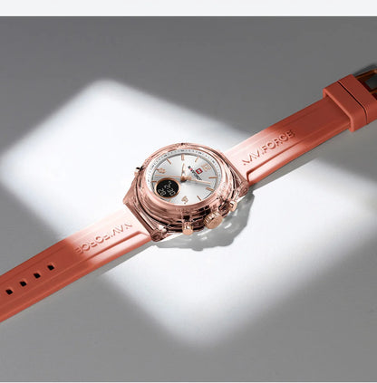 Relojes NAVIFORCE para mujer, nuevo diseño, esfera pequeña, deportivos, para mujer, resistente al agua hasta 5 ATM, reloj de pulsera de cuarzo con pantalla LCD digital, reloj para mujer