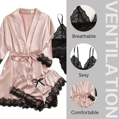 Pijama de 4 piezas para mujer, con bata, lencería sexy de encaje, bata de baño de seda satinada, ropa de dormir para el hogar.
