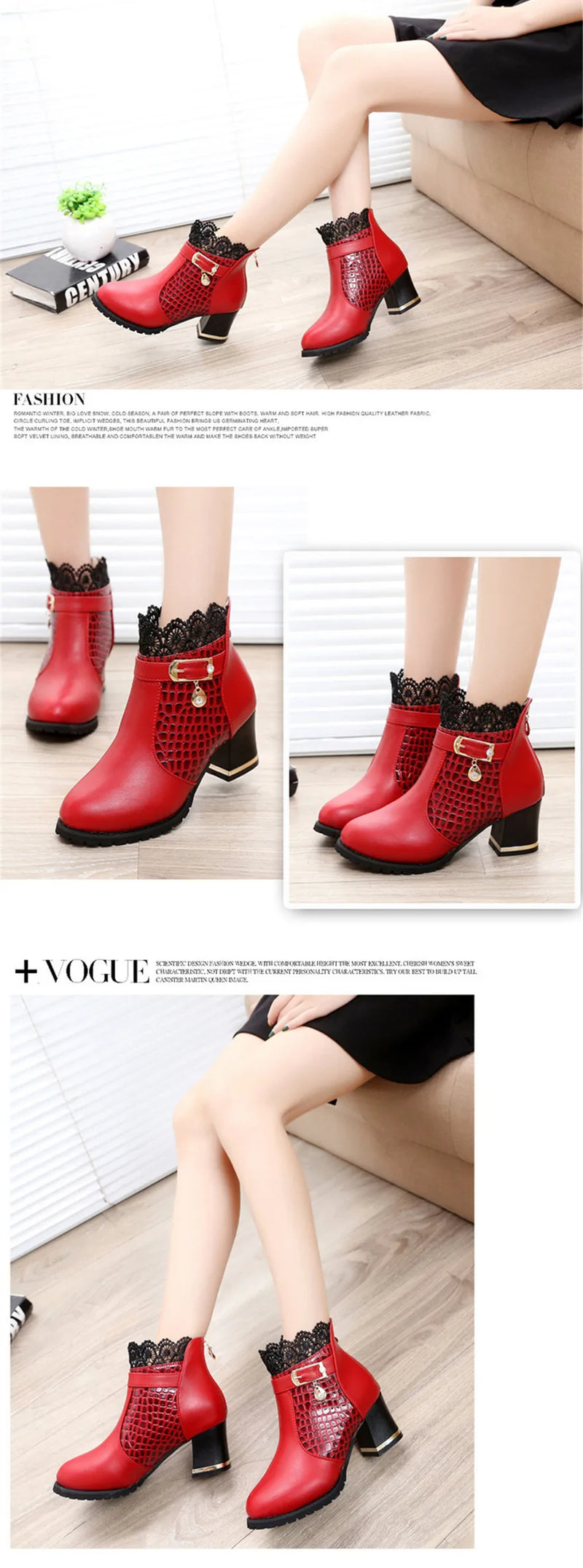 2025 Round Toe Women Fashion Crystal Belt Buckle Boots 6CM Square High Heels Shoes Sexy Leopard Lace Ankle Boots Woman Red Black
