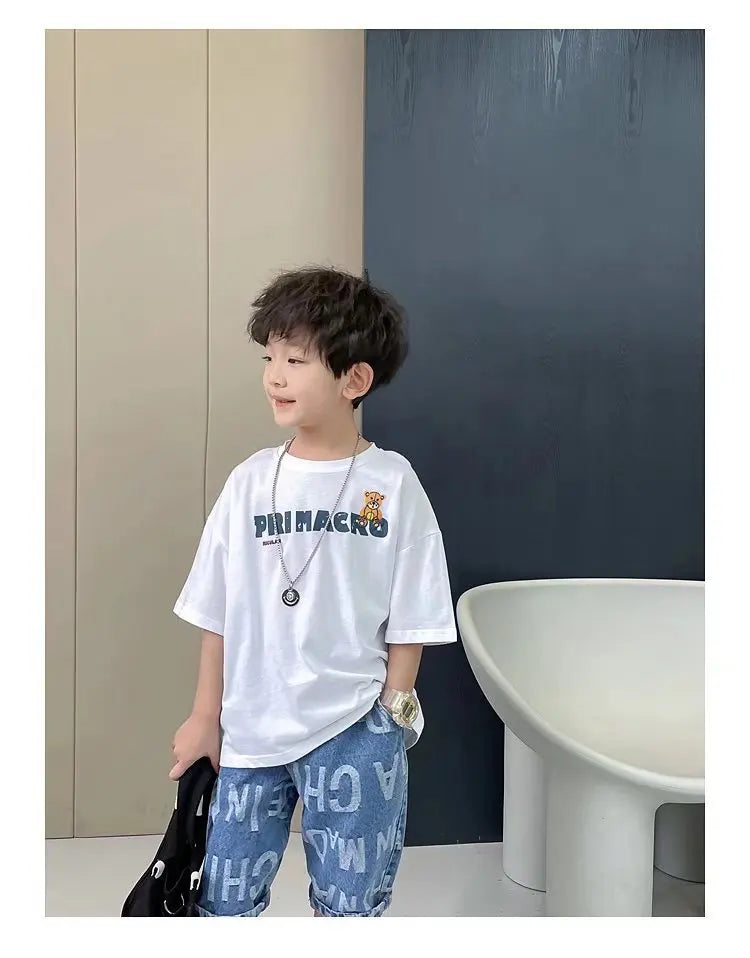 Camiseta de manga corta de verano para niños, Top de cuello redondo para niños pequeños y medianos, moda informal versátil de media manga