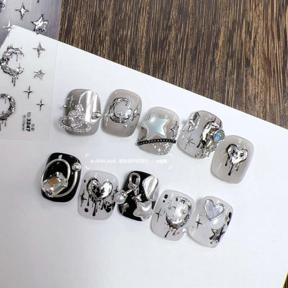 5D Realistic Relief Stamp Silver Melted Heart Moon Stars Balloon Angel Love Adhesive Nail Art Stickers Decals Manicure Charms