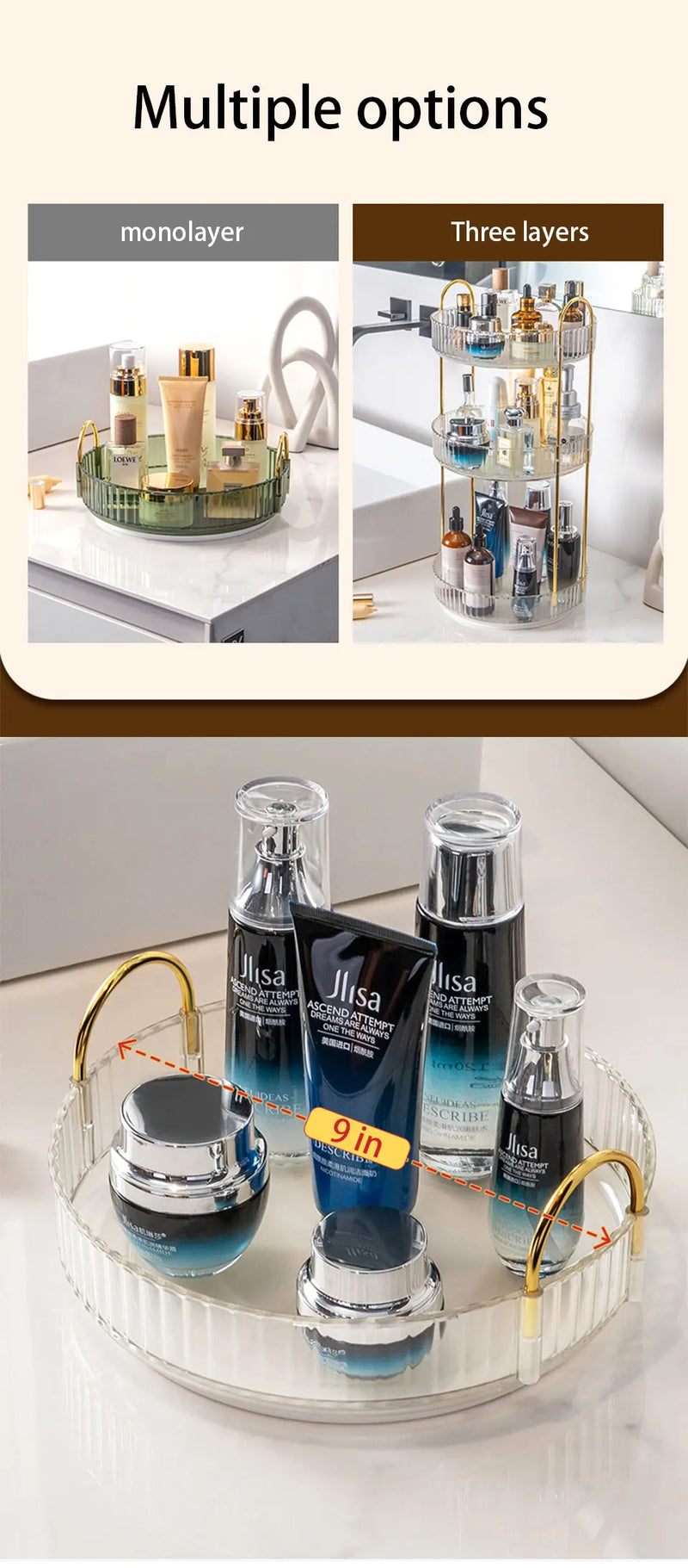 Organizador de maquillaje giratorio para tocador, organizador de 3 niveles para el cuidado de la piel, gran espacio de almacenamiento para encimera de baño, soporte transparente para cosméticos, tocador