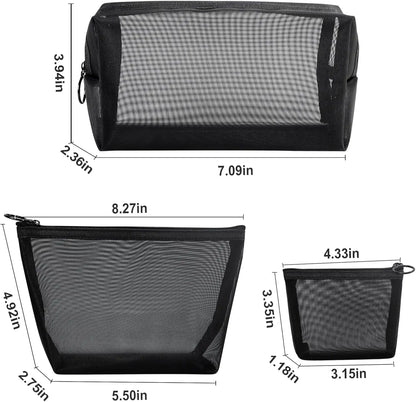Aosbos 3-Pack Mesh Cosmetic Bag Set - Travel/On-The-Go Makeup Storage, Zipper Closure Small Pouch