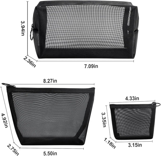 Aosbos 3-Pack Mesh Cosmetic Bag Set - Travel/On-The-Go Makeup Storage, Zipper Closure Small Pouch