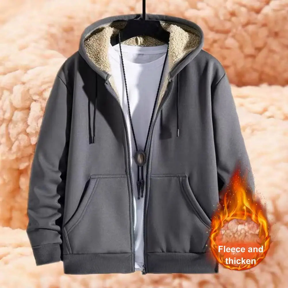 2024 Trendy Sweatshirt Coat Front Pockets Warm Zipper Lamb Wool Jacket Men Women Winter Pure Color Plush Lined Cardigan Hoodie
