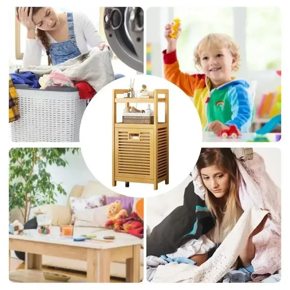 Laundry Hamper Bathroom Rack High-capacity Bamboo Laundry Baskets With Shelf With Tilt Out Basket Wooden Storage Hamper Racks