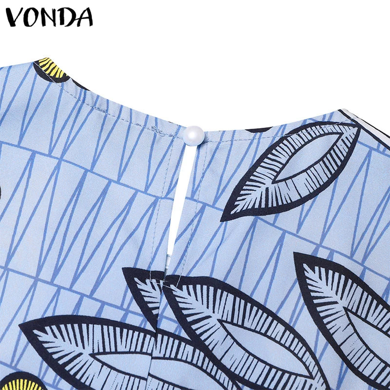 Plus Size VONDA Bohemian Women Flared Long Sleeve Maxi Dress Casual Vestidos Round Neck Loose Print Sundress Ruffles Long Robes