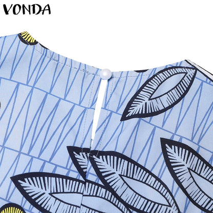 Plus Size VONDA Bohemian Women Flared Long Sleeve Maxi Dress Casual Vestidos Round Neck Loose Print Sundress Ruffles Long Robes